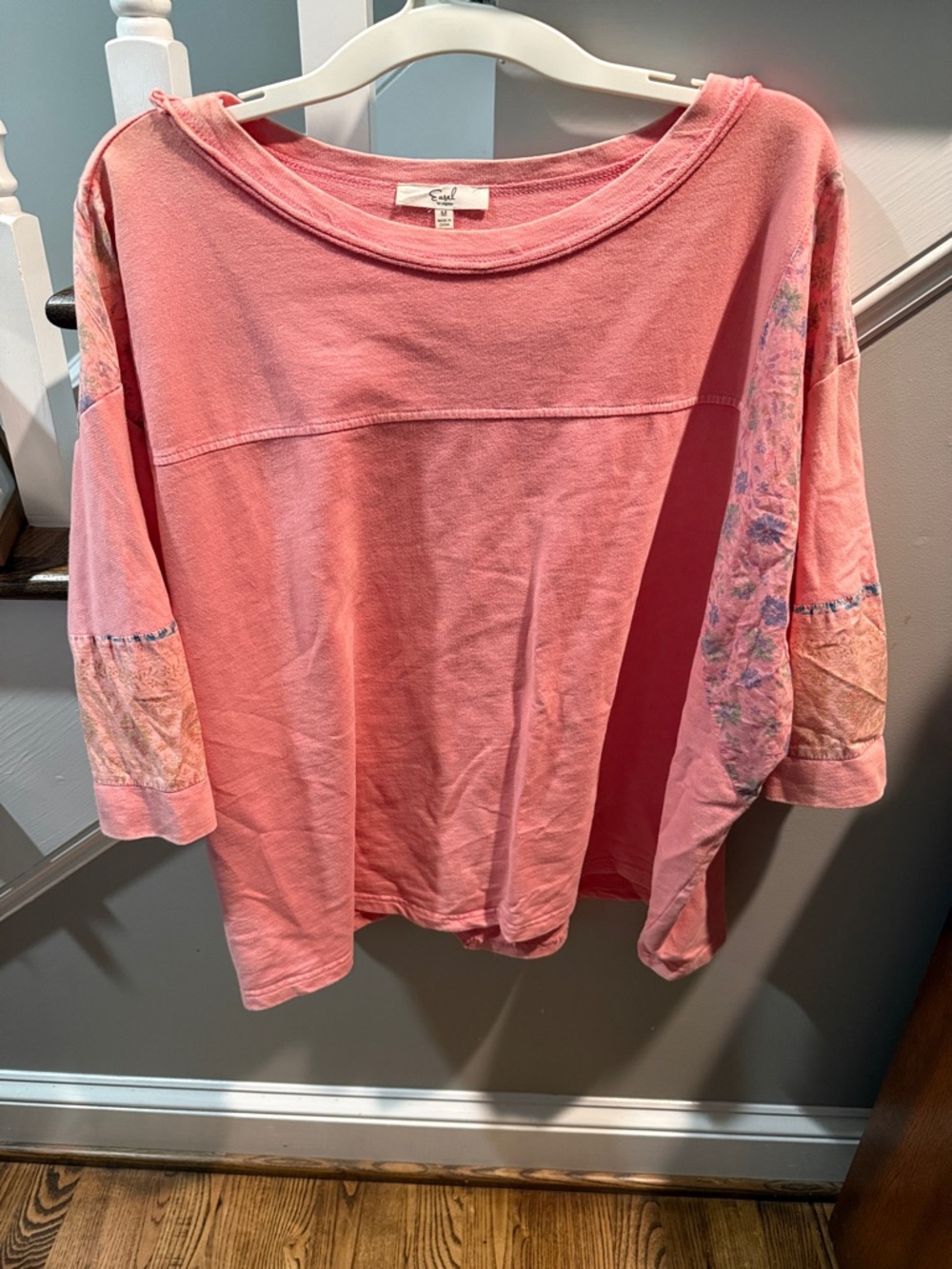 easel Casual  Pink Pullover with Floral Sleeve Panels